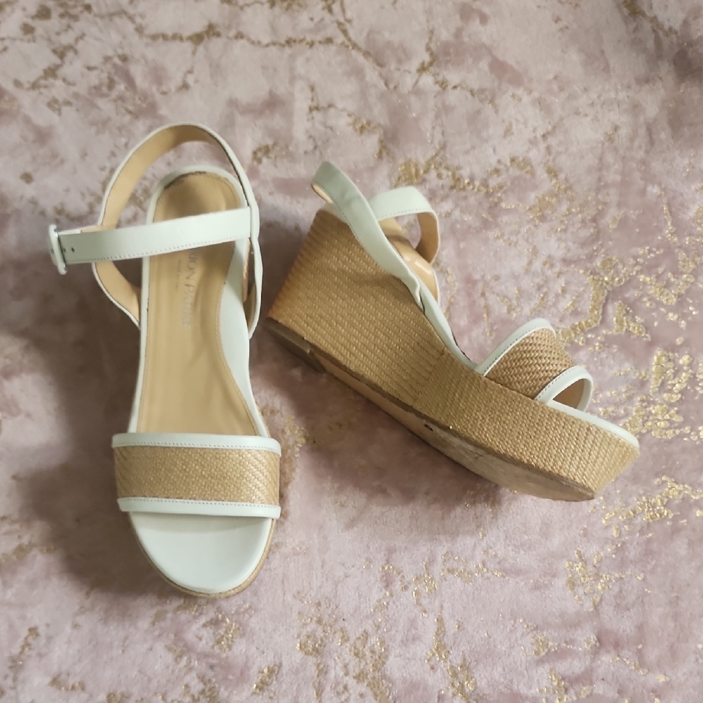 MARION PARKE | White and Tan Wedge Sandals